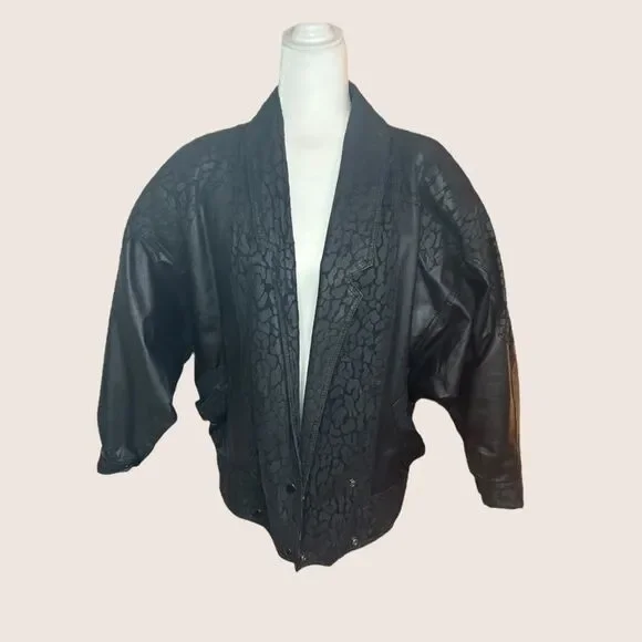 🖤 VTG 1980s WINLOCK GENUINE LEATHER JACKET COAT LEOPARD ANIMAL CONTRAST MEDIUM - Picture 3 of 14